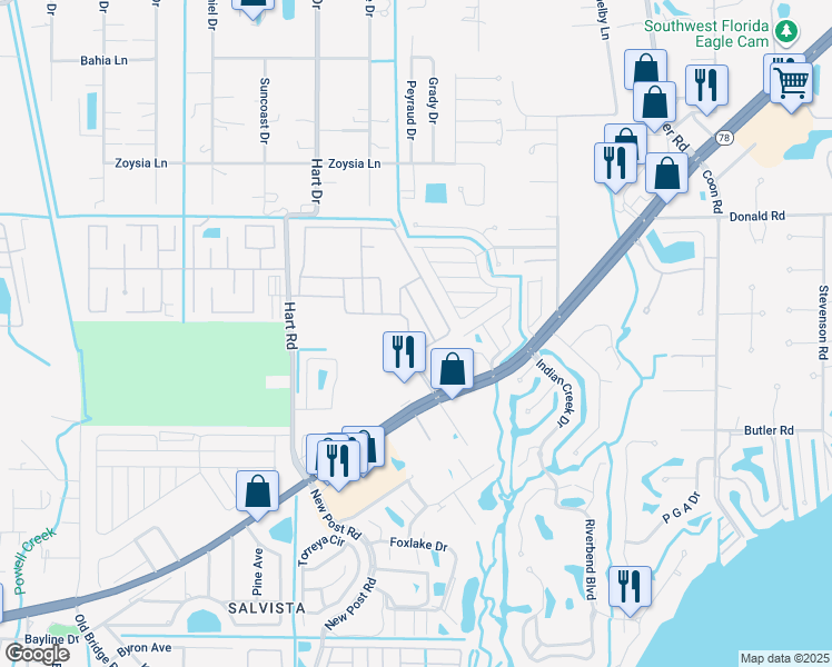 map of restaurants, bars, coffee shops, grocery stores, and more near 1500-1552 Shoreline Blvd in North Fort Myers