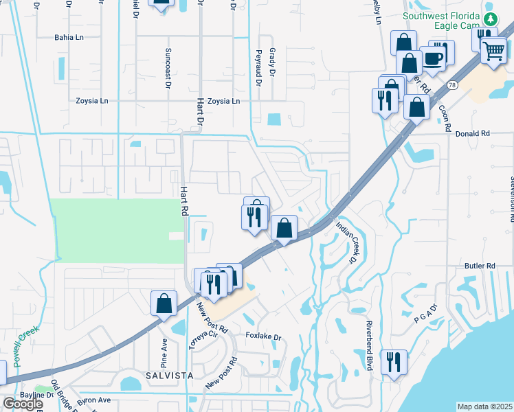 map of restaurants, bars, coffee shops, grocery stores, and more near 1500 Shoreline Boulevard in North Fort Myers
