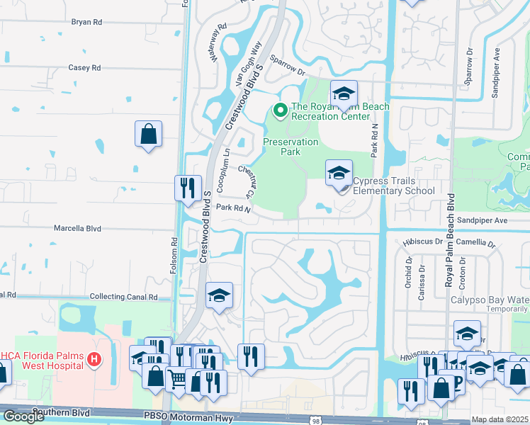map of restaurants, bars, coffee shops, grocery stores, and more near 231 Park Road North in Royal Palm Beach