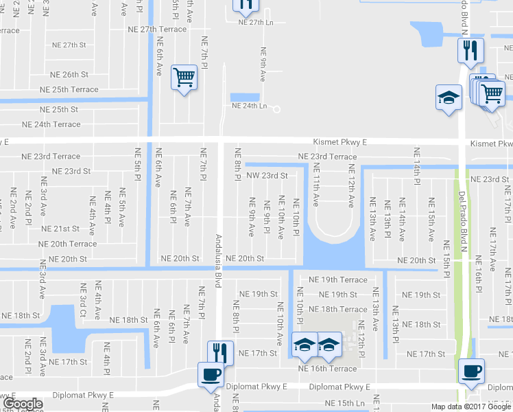 map of restaurants, bars, coffee shops, grocery stores, and more near 2120 Northeast 9th Place in Cape Coral