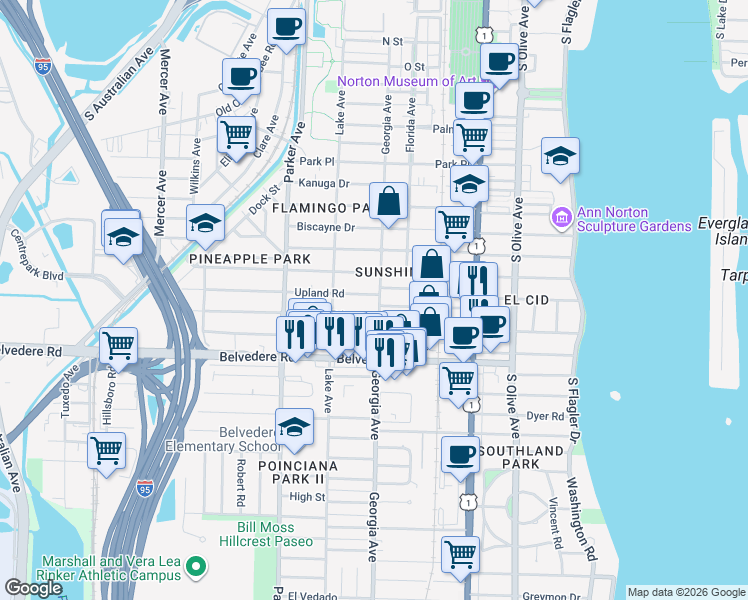 map of restaurants, bars, coffee shops, grocery stores, and more near 623 Westwood Road in West Palm Beach
