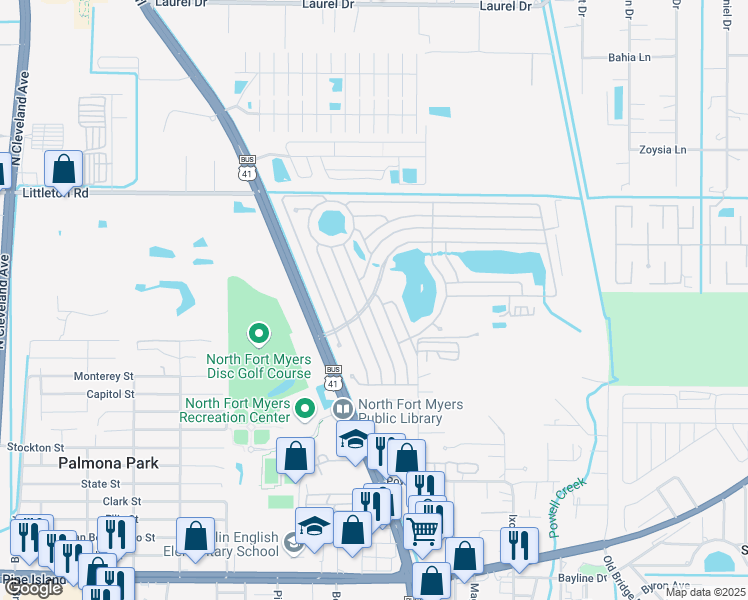 map of restaurants, bars, coffee shops, grocery stores, and more near 66 Pirates Rest Road in North Fort Myers