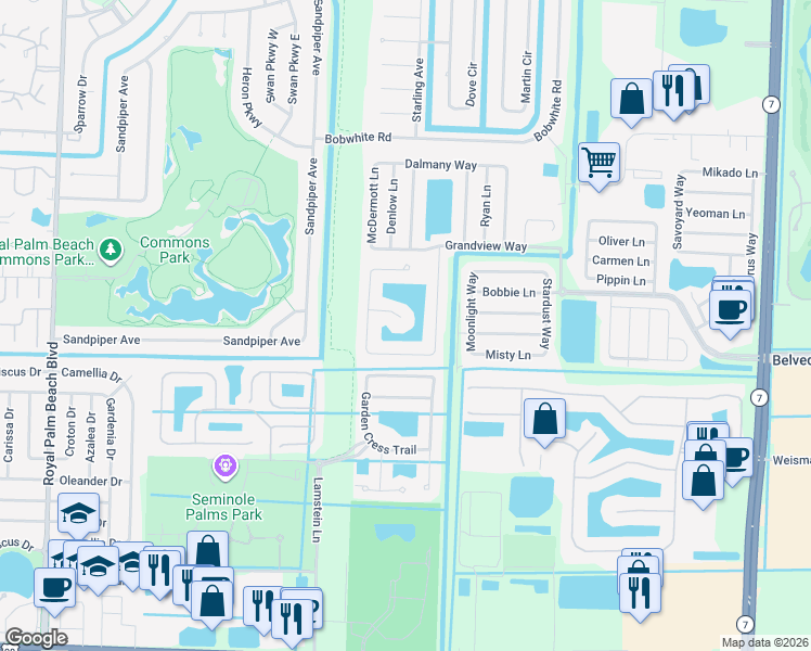 map of restaurants, bars, coffee shops, grocery stores, and more near 10872 Grandview Court in Royal Palm Beach