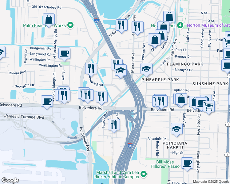 map of restaurants, bars, coffee shops, grocery stores, and more near 2611 Mercer Avenue in West Palm Beach