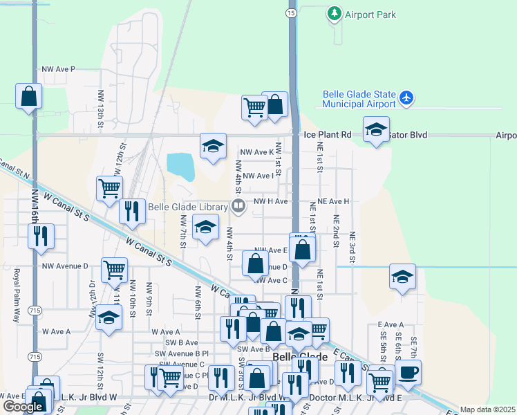 map of restaurants, bars, coffee shops, grocery stores, and more near 716 Northwest 2nd Street in Belle Glade