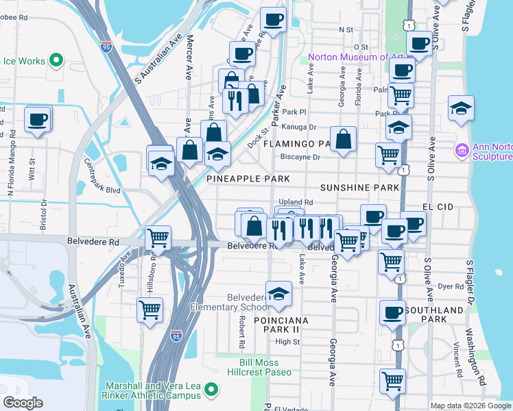 map of restaurants, bars, coffee shops, grocery stores, and more near 941 Sunset Road in West Palm Beach
