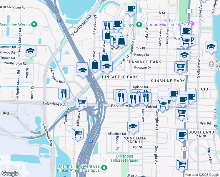 map of restaurants, bars, coffee shops, grocery stores, and more near 1031 Sunset Road in West Palm Beach