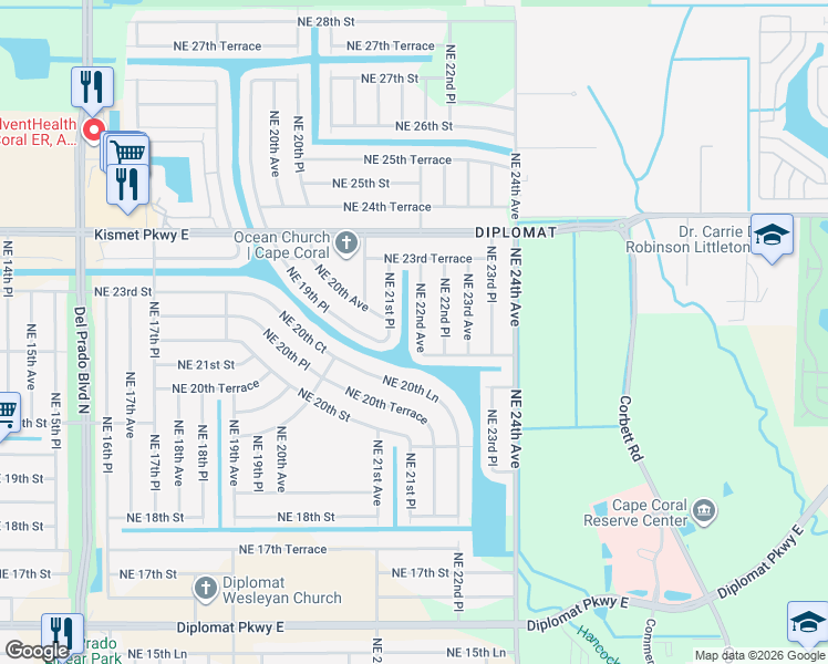 map of restaurants, bars, coffee shops, grocery stores, and more near 2107 Northeast 22nd Avenue in Cape Coral