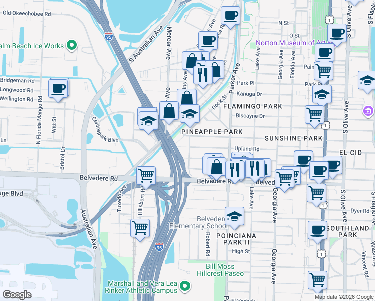 map of restaurants, bars, coffee shops, grocery stores, and more near 1031 Sunset Road in West Palm Beach