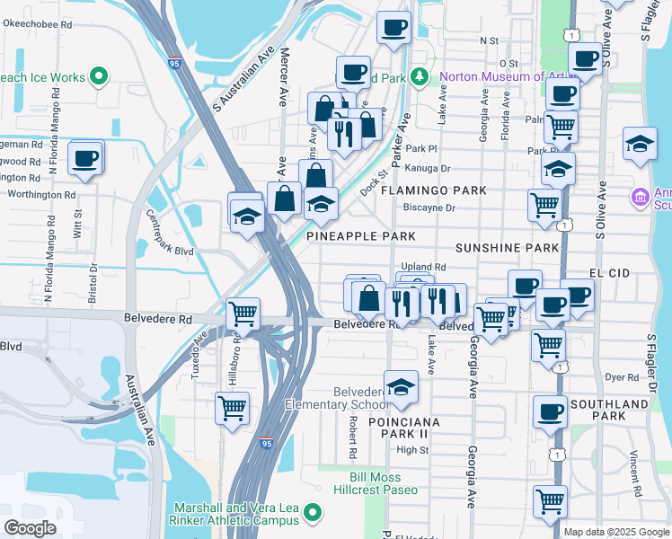 map of restaurants, bars, coffee shops, grocery stores, and more near 1022 Upland Road in West Palm Beach
