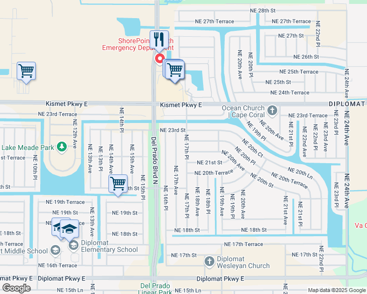 map of restaurants, bars, coffee shops, grocery stores, and more near 2206 Northeast 17th Place in Cape Coral