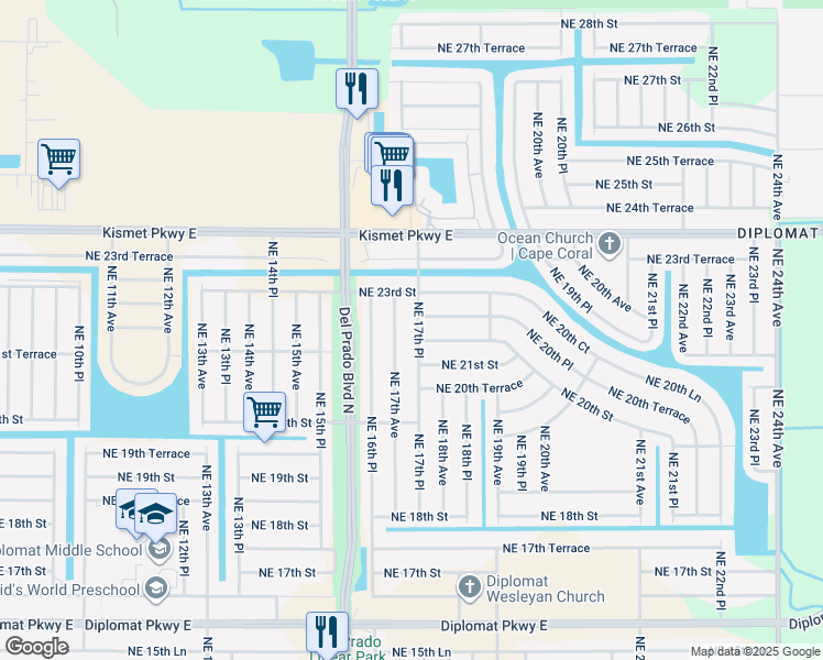 map of restaurants, bars, coffee shops, grocery stores, and more near 2114 Northeast 17th Place in Cape Coral