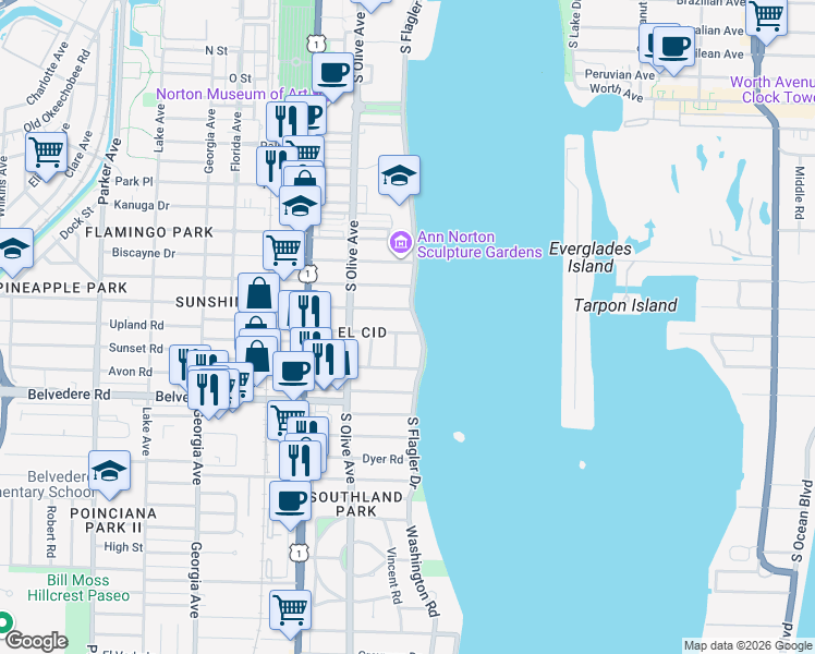 map of restaurants, bars, coffee shops, grocery stores, and more near 196 Valencia Road in West Palm Beach