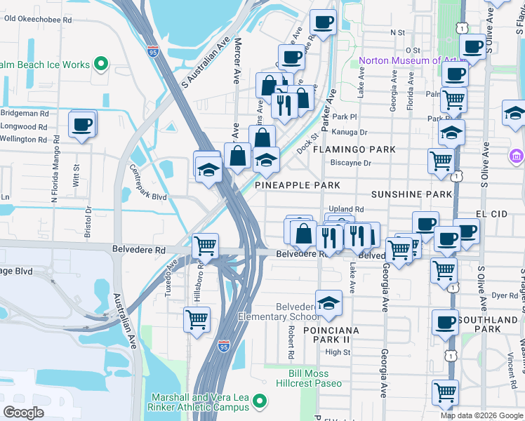 map of restaurants, bars, coffee shops, grocery stores, and more near 1031 Sunset Road in West Palm Beach