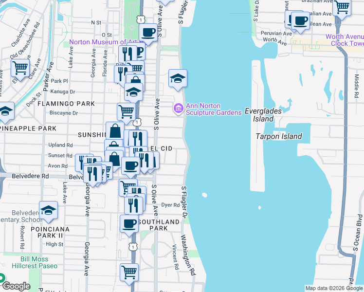 map of restaurants, bars, coffee shops, grocery stores, and more near 245 Valencia Road in West Palm Beach