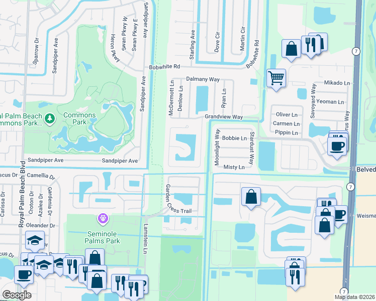 map of restaurants, bars, coffee shops, grocery stores, and more near 10872 Grandview Court in Royal Palm Beach