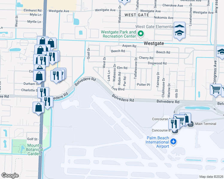 map of restaurants, bars, coffee shops, grocery stores, and more near 812 Troy Boulevard in West Palm Beach