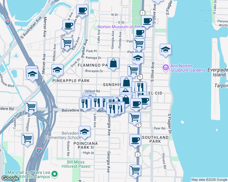 map of restaurants, bars, coffee shops, grocery stores, and more near 623 Westwood Road in West Palm Beach