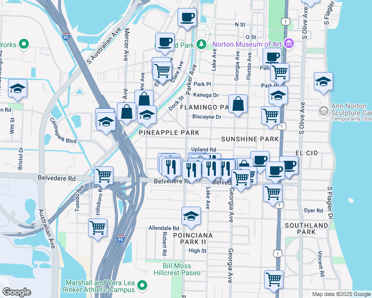 map of restaurants, bars, coffee shops, grocery stores, and more near in West Palm Beach