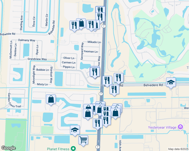 map of restaurants, bars, coffee shops, grocery stores, and more near 1102 Chorus Way in Royal Palm Beach