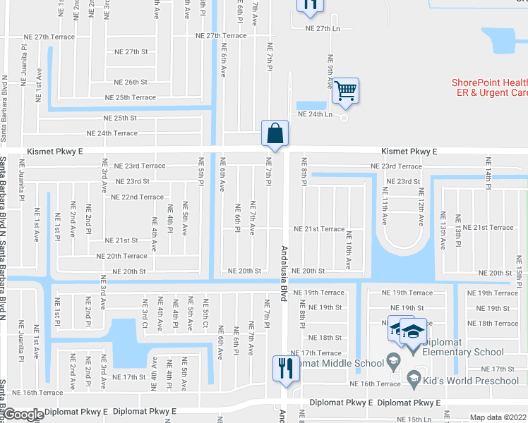 map of restaurants, bars, coffee shops, grocery stores, and more near 2124 Northeast 7th Place in Cape Coral