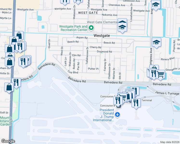 map of restaurants, bars, coffee shops, grocery stores, and more near 620 Troy Boulevard in West Palm Beach