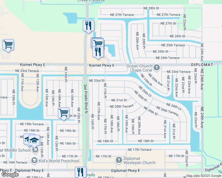 map of restaurants, bars, coffee shops, grocery stores, and more near 1728 Northeast 22nd Terrace in Cape Coral