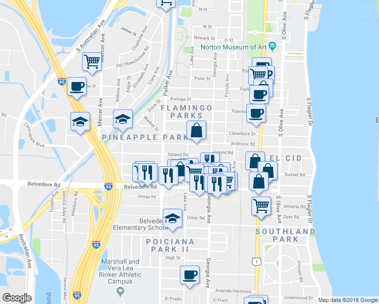 map of restaurants, bars, coffee shops, grocery stores, and more near 2330 Lake Avenue in West Palm Beach