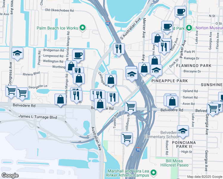 map of restaurants, bars, coffee shops, grocery stores, and more near 1400 Centrepark Boulevard in West Palm Beach