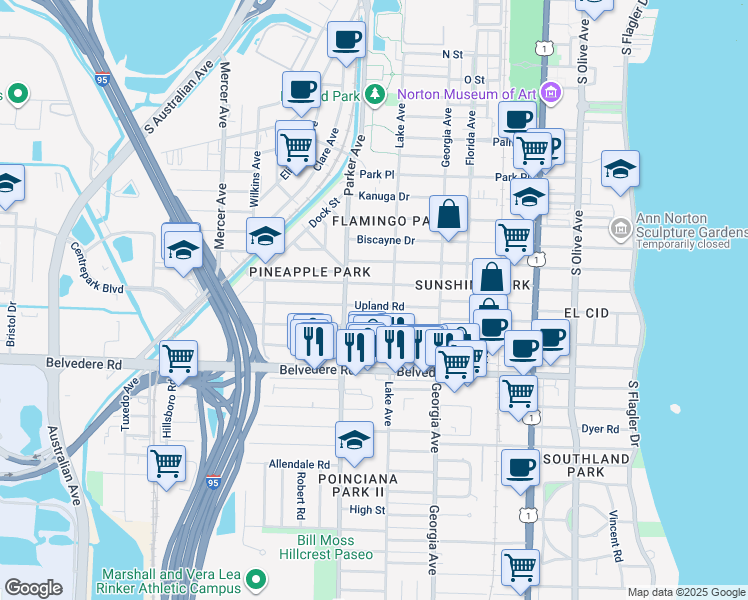 map of restaurants, bars, coffee shops, grocery stores, and more near 811 Sunset Road in West Palm Beach