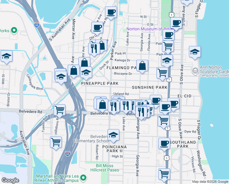 map of restaurants, bars, coffee shops, grocery stores, and more near in West Palm Beach