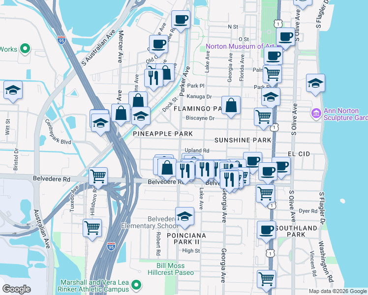 map of restaurants, bars, coffee shops, grocery stores, and more near in West Palm Beach