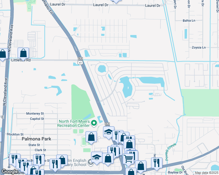 map of restaurants, bars, coffee shops, grocery stores, and more near 312 Blue Beard Drive in North Fort Myers