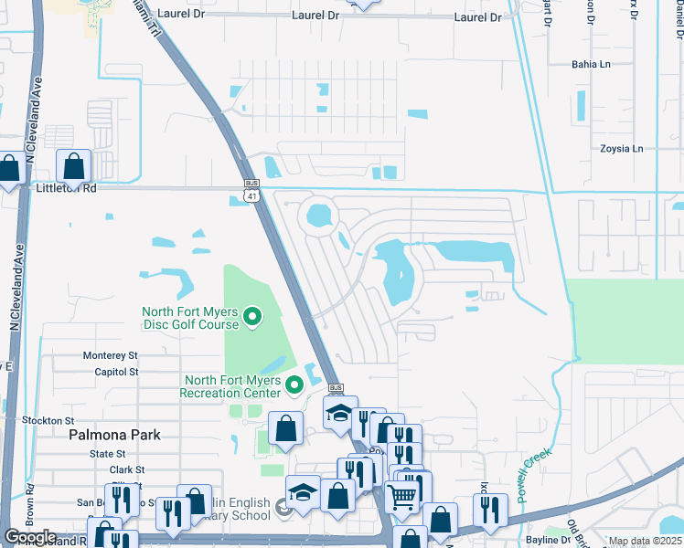 map of restaurants, bars, coffee shops, grocery stores, and more near 312 Blue Beard Drive in North Fort Myers