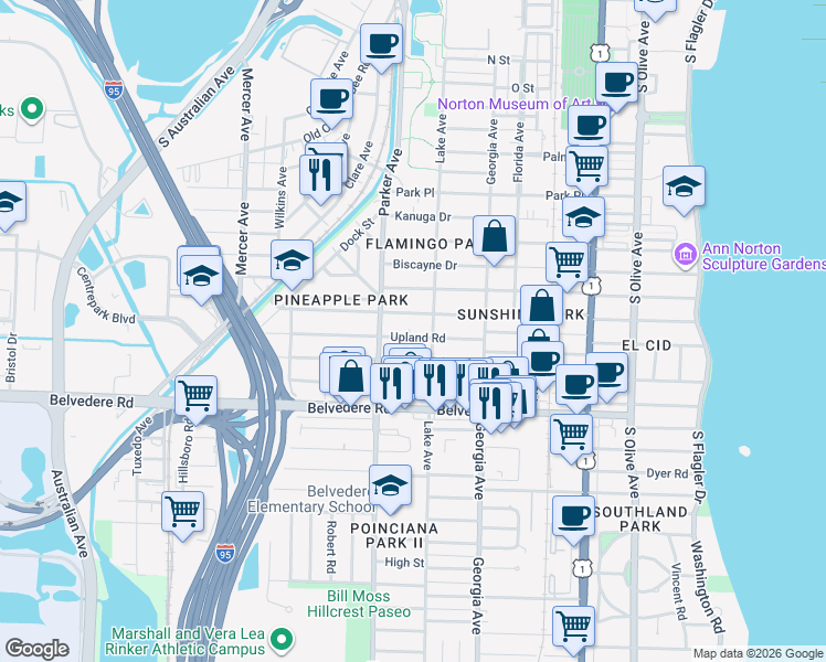 map of restaurants, bars, coffee shops, grocery stores, and more near 815 Upland Road in West Palm Beach