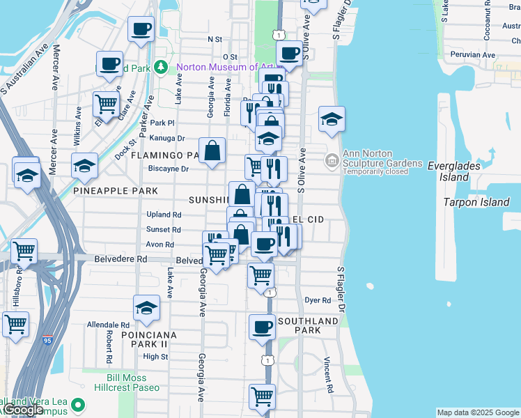 map of restaurants, bars, coffee shops, grocery stores, and more near 411 Ardmore Road in West Palm Beach