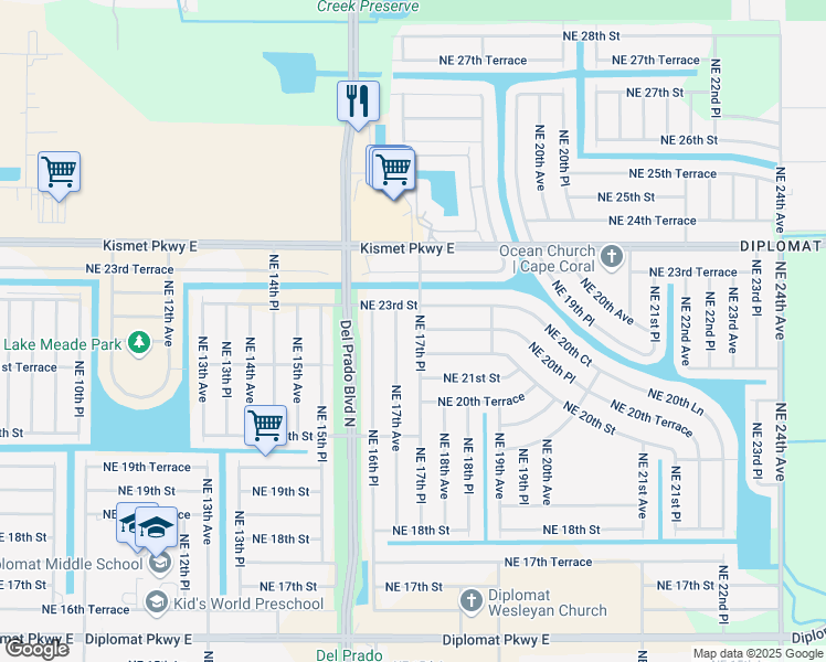 map of restaurants, bars, coffee shops, grocery stores, and more near 2214 Northeast 17th Place in Cape Coral