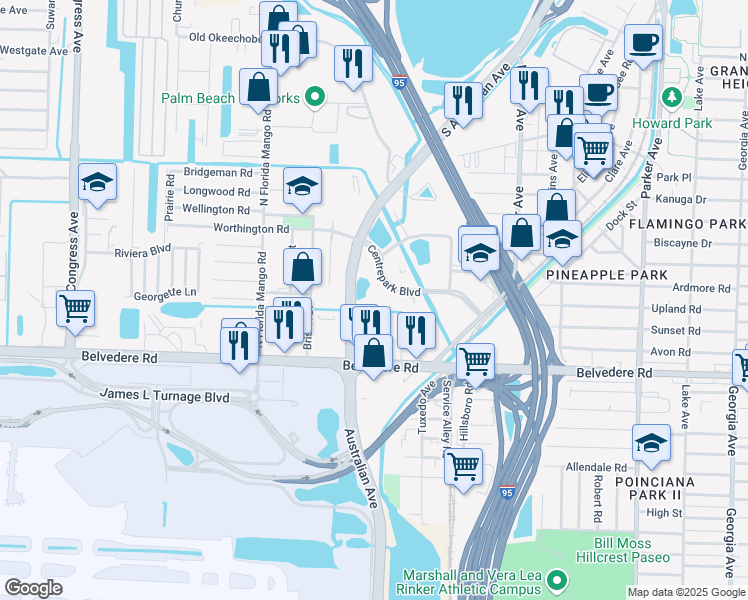 map of restaurants, bars, coffee shops, grocery stores, and more near 1450 Centrepark Boulevard in West Palm Beach