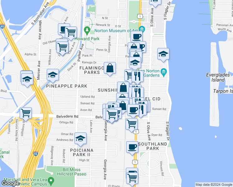 map of restaurants, bars, coffee shops, grocery stores, and more near 515 Ardmore Road in West Palm Beach