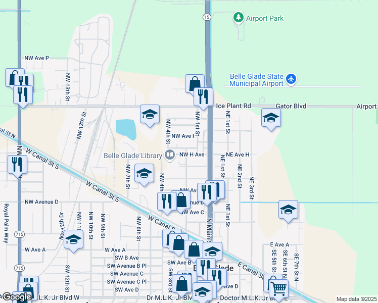 map of restaurants, bars, coffee shops, grocery stores, and more near 133 Northwest Avenue H Place in Belle Glade