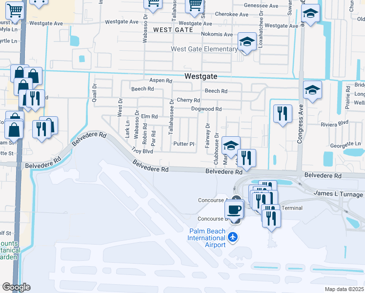 map of restaurants, bars, coffee shops, grocery stores, and more near 2345 Redwood Road in West Palm Beach