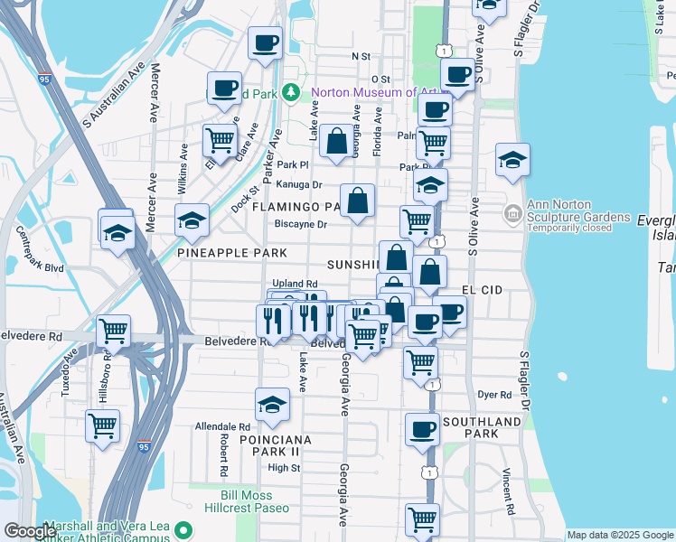 map of restaurants, bars, coffee shops, grocery stores, and more near 725 Ardmore Road in West Palm Beach