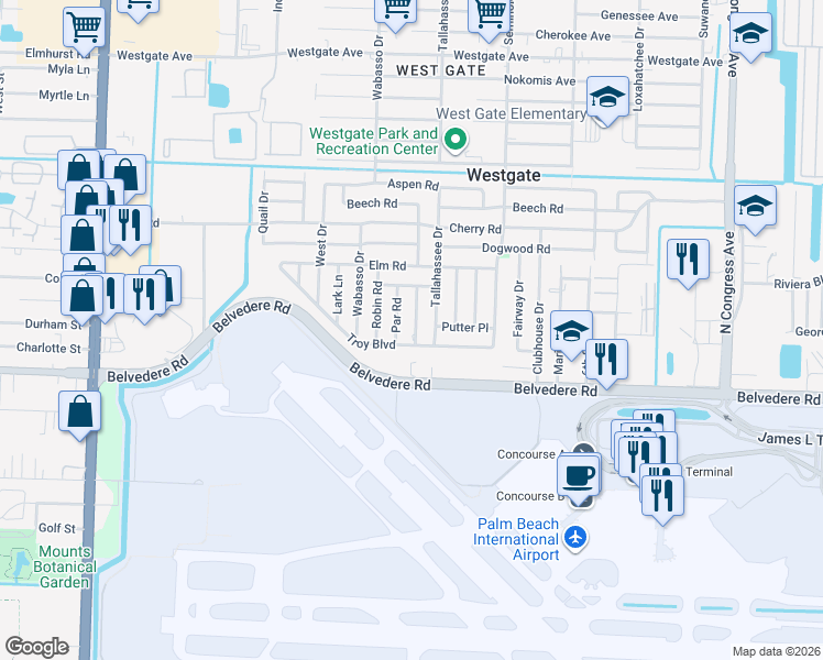map of restaurants, bars, coffee shops, grocery stores, and more near 2341 Tallahassee Drive in West Palm Beach