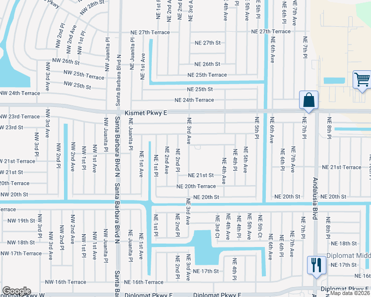 map of restaurants, bars, coffee shops, grocery stores, and more near 2216 Northeast 2nd Place in Cape Coral