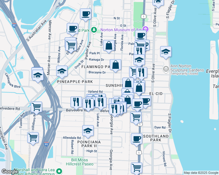map of restaurants, bars, coffee shops, grocery stores, and more near 725 Ardmore Road in West Palm Beach