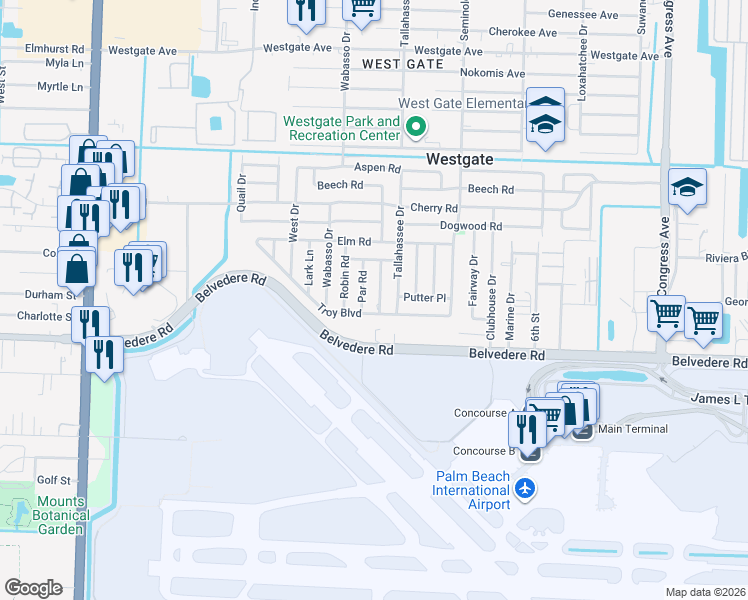 map of restaurants, bars, coffee shops, grocery stores, and more near 2345 Par Road in West Palm Beach