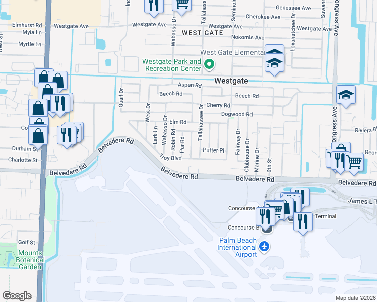 map of restaurants, bars, coffee shops, grocery stores, and more near 2341 Tallahassee Drive in West Palm Beach