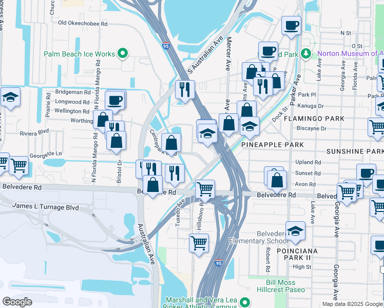 map of restaurants, bars, coffee shops, grocery stores, and more near 1500 Centrepark Boulevard in West Palm Beach