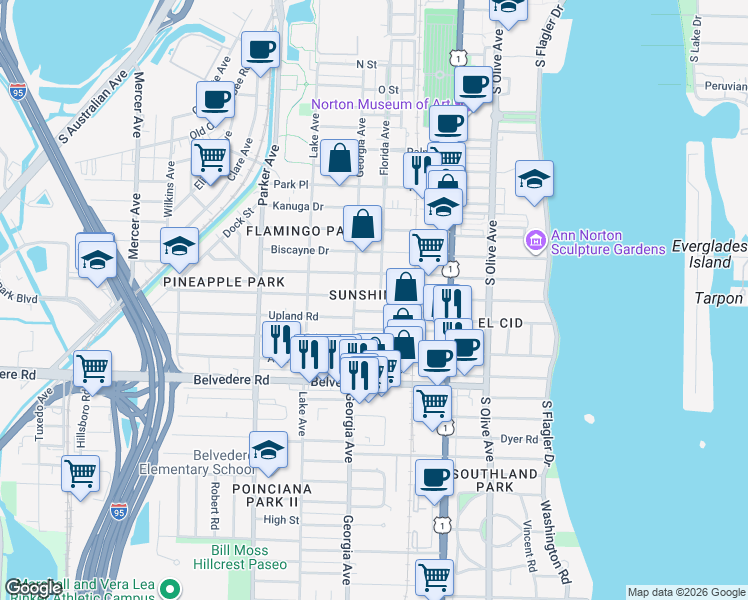 map of restaurants, bars, coffee shops, grocery stores, and more near 617 Ardmore Road in West Palm Beach