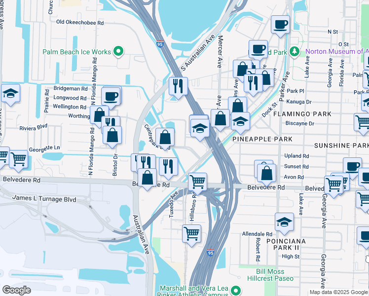 map of restaurants, bars, coffee shops, grocery stores, and more near 2485 Mercer Avenue in West Palm Beach